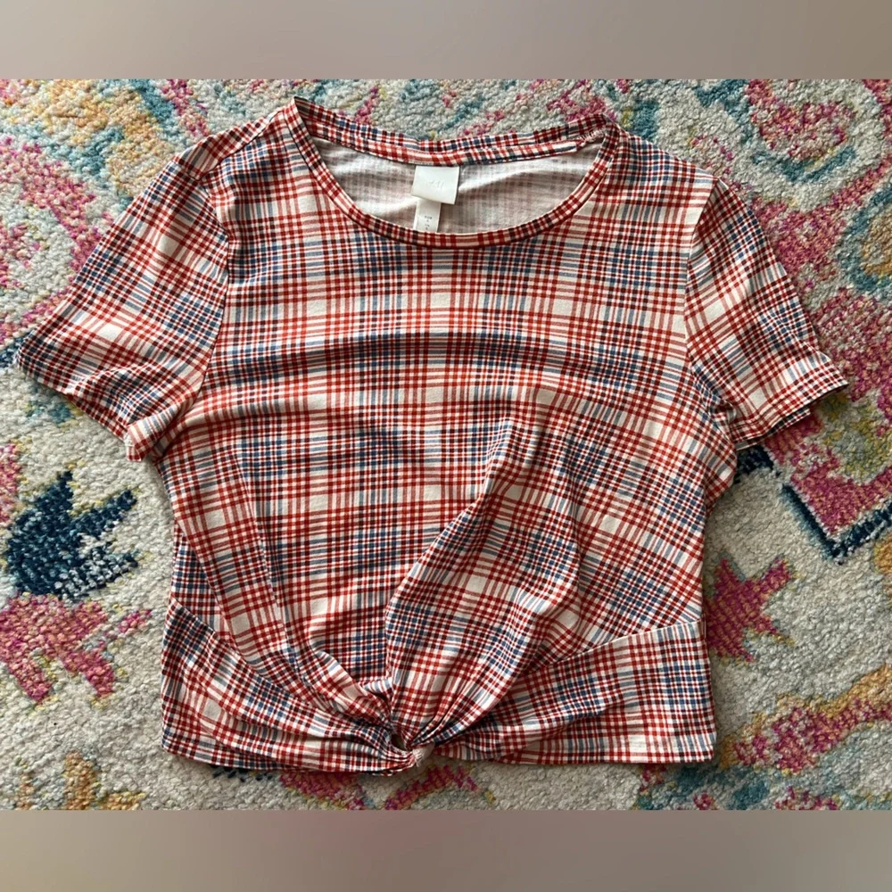 H&M 100% Cotton Plaid Tie Front Crop Top Small